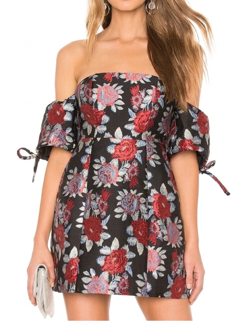 NWT Lovers + Friends Allie Black Red Floral Metallic Off-Shoulder Mini Dress XS